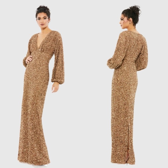 NWT Mac Duggal 10791 Brown Sequined Puff Sleeve V Neck Gown Size 6 - Picture 1 of 12
